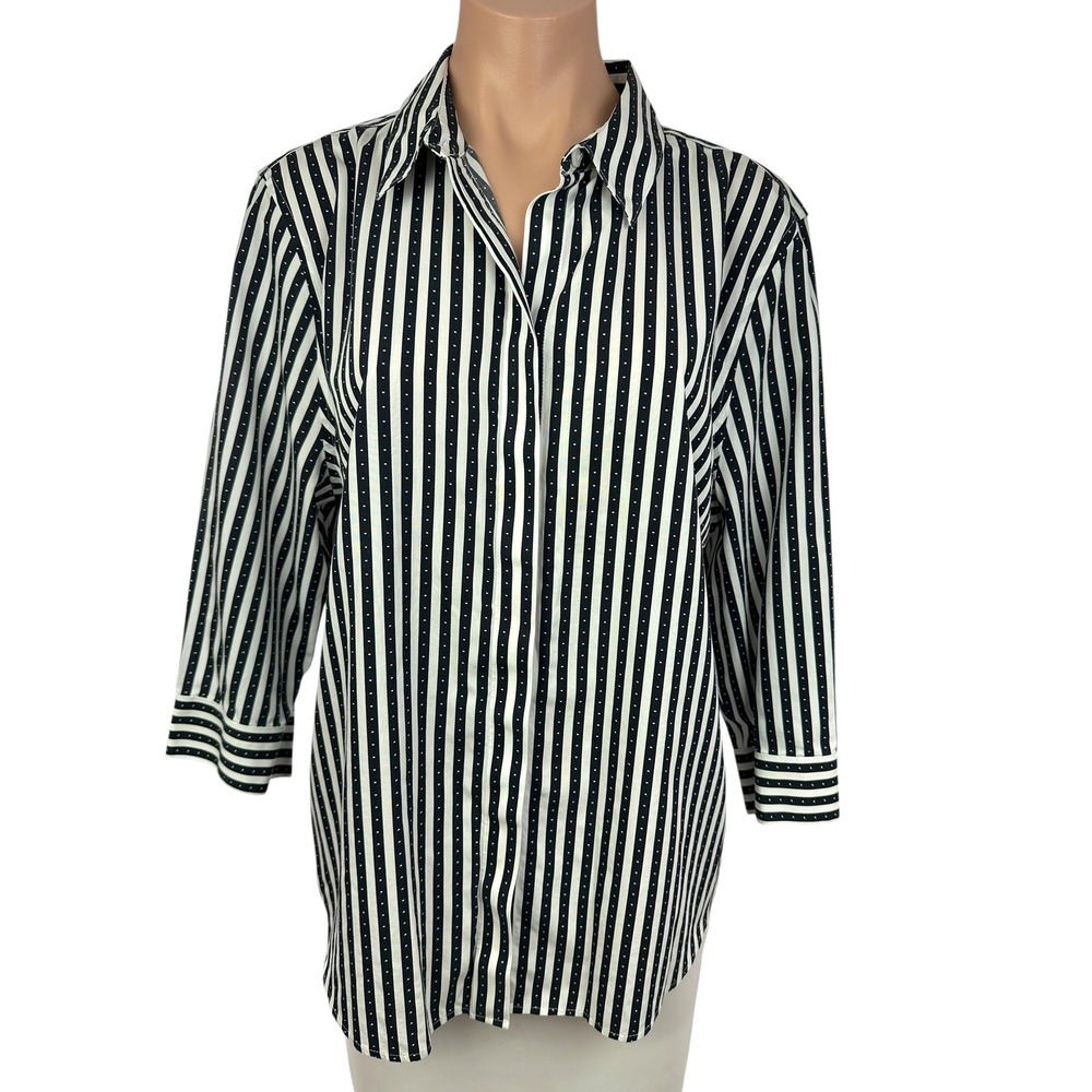 Chicos No Iron Blouse Black White Striped Dot 3/4 Sleeve Button Back Top Size 3